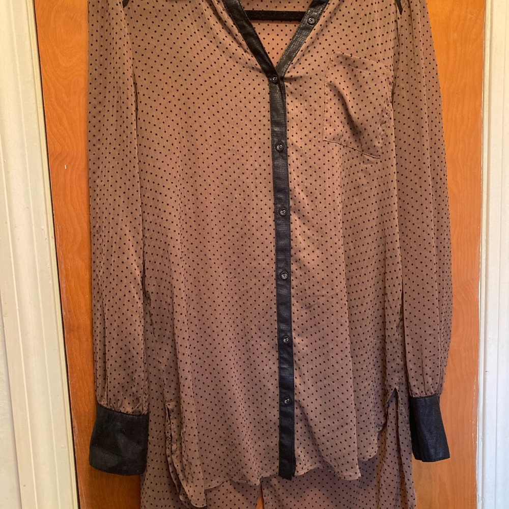 Brown Polka Dot Button-Up Shirt with Black Trim